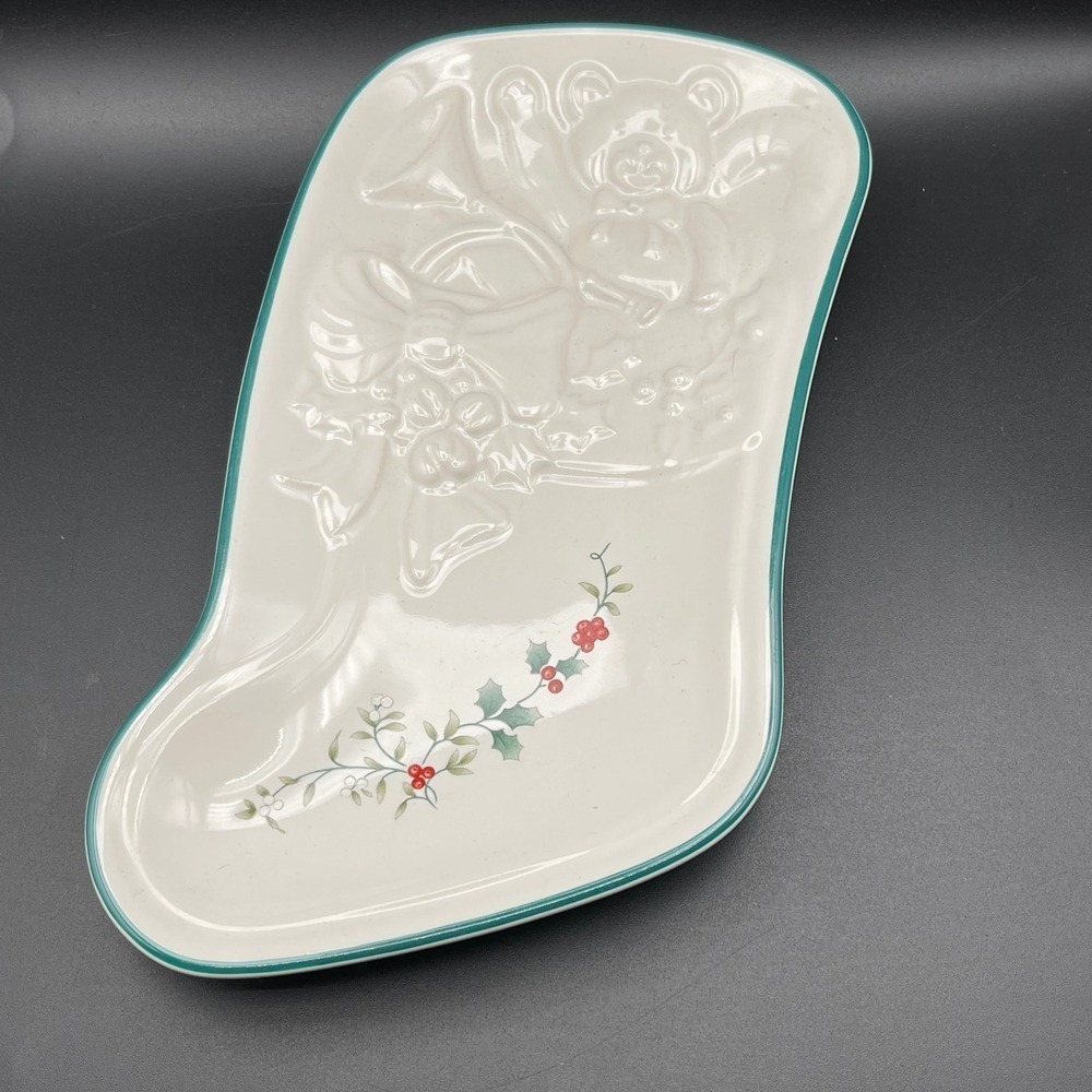 Pfaltzgraff Christmas Heritage Stocking Shaped Serving Platter Holly Bear USA